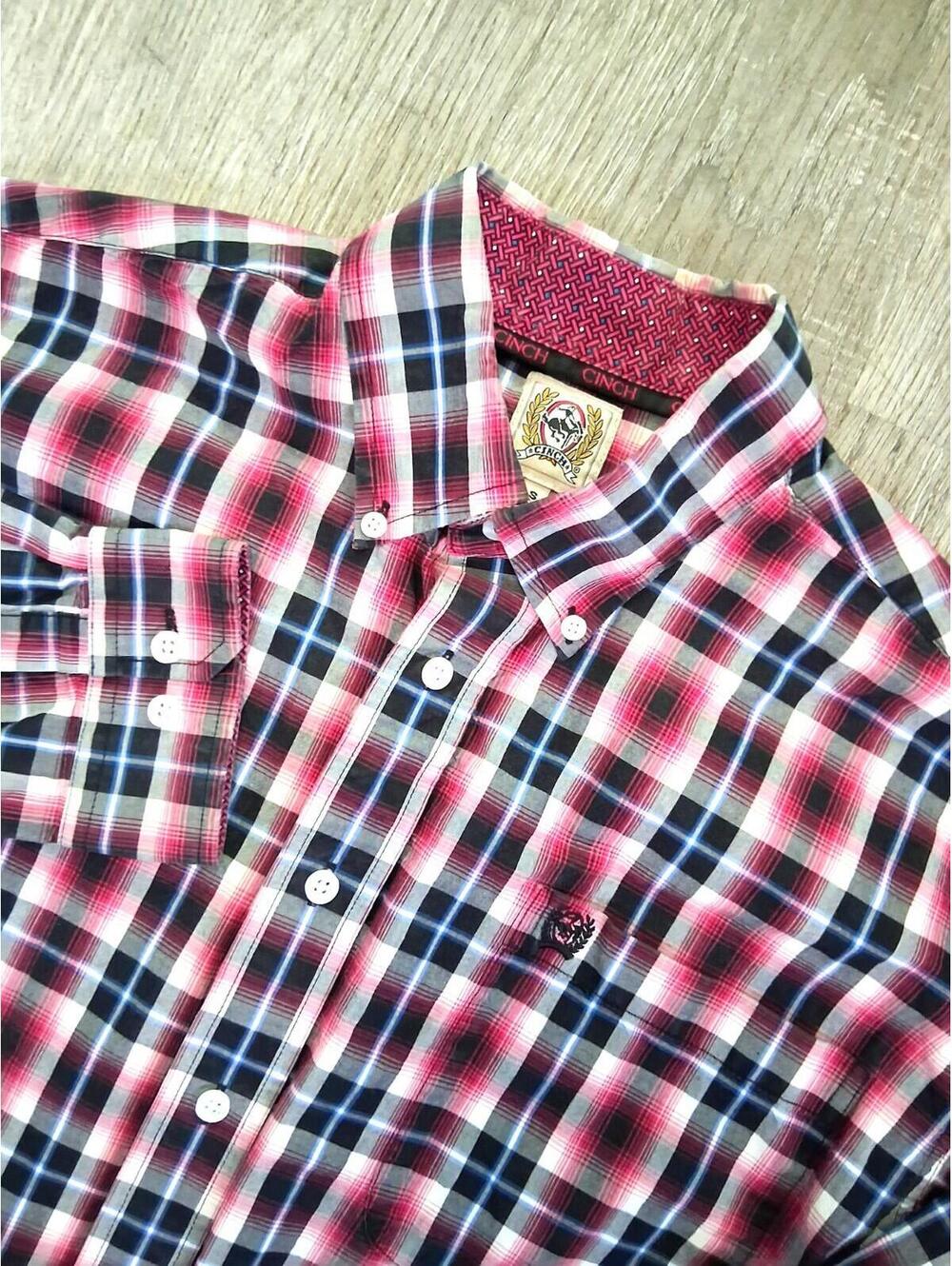 Cinch Men's Small Pink and Black Plaid Button Down Long Sleeve Western Shirt